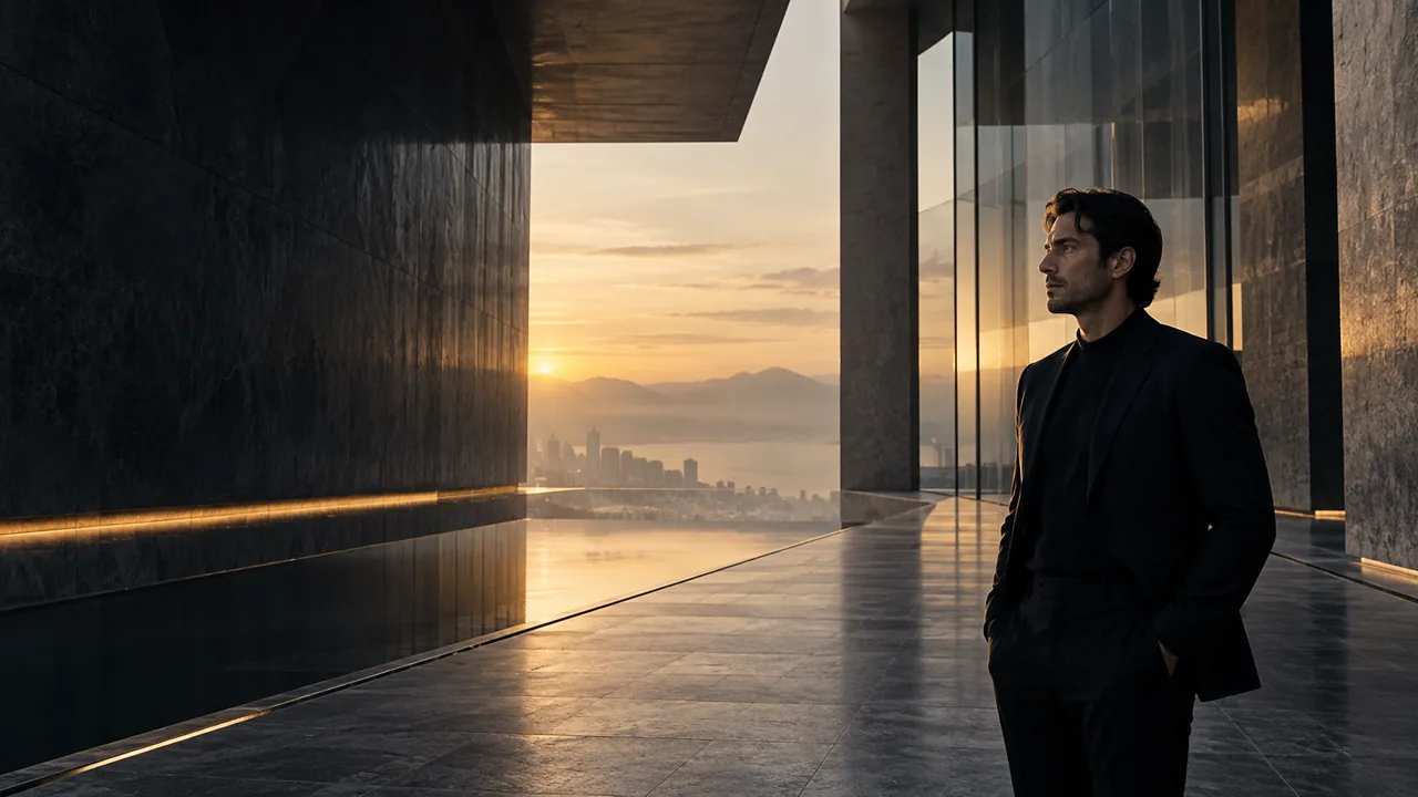 Pessoa em arquitetura contemporânea observando o horizonte.